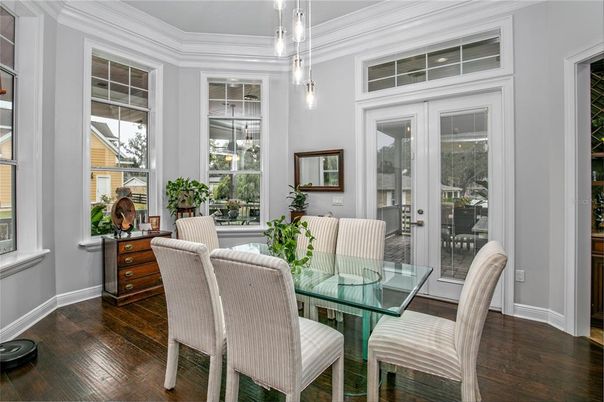 Dining room, Interior, Pendant Lights, Wood Texture Flooring