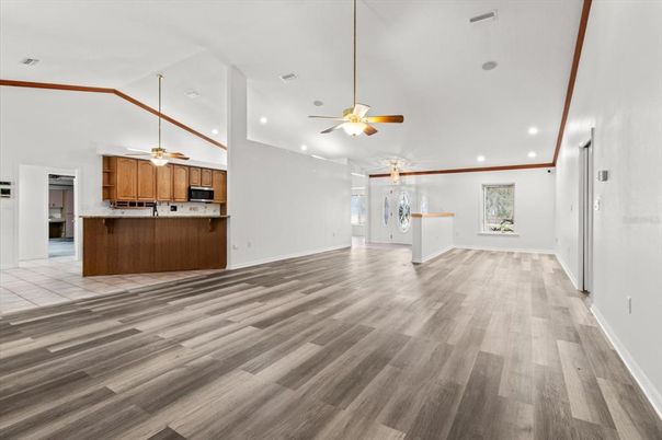 Interior, Kitchen, Pendant Lights, Recessed Lighting, Wood Texture Flooring