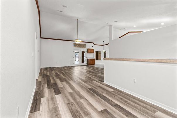 Empty room, Interior, Pendant Lights, Recessed Lighting, Wood Texture Flooring