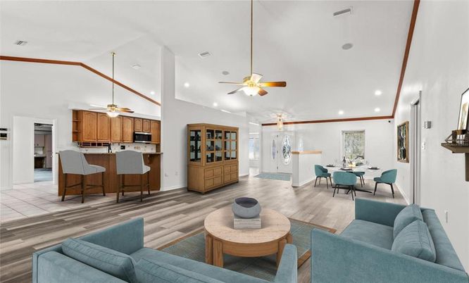 Dining room, Interior, Kitchen, Living room, Pendant Lights, Recessed Lighting, Wood Texture Flooring