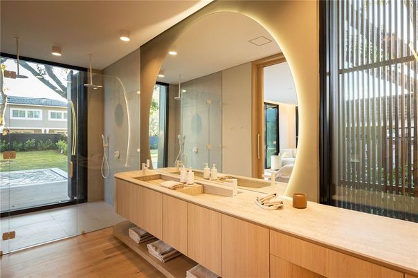Bathroom, Glass Shower, Interior, Recessed Lighting, Wood Texture Flooring