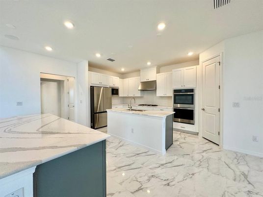 Interior, Kitchen, Marble, Recessed Lighting, Stainless Steel Appliances