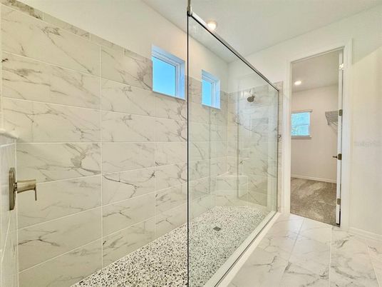 Bathroom, Glass Shower, Interior, Marble, Marble Walls, Recessed Lighting