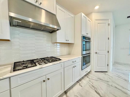 Interior, Kitchen, Marble, Recessed Lighting, Stainless Steel Appliances