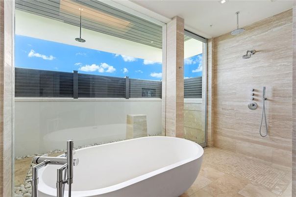 Bathroom, Free Standing Baths, Glass Shower, Interior, Recessed Lighting