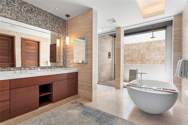 Bathroom, Dual Sink Vanities, Free Standing Baths, Glass Shower, Interior, Pendant Lights, Recessed Lighting