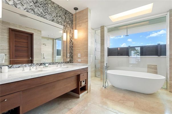 Bathroom, Dual Sink Vanities, Free Standing Baths, Glass Shower, Interior, Pendant Lights