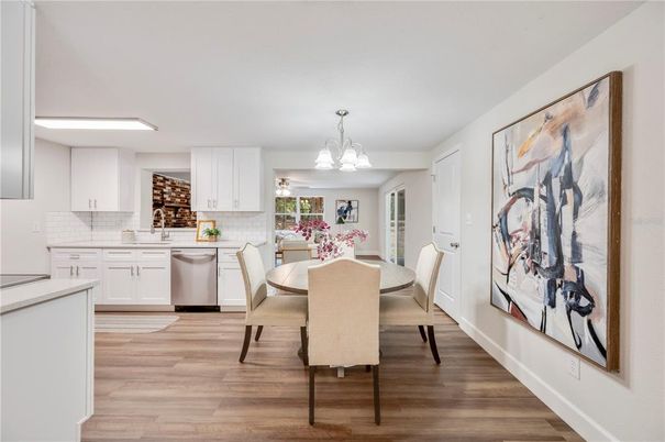 Dining room, Interior, Kitchen, Pendant Lights, Wood Texture Flooring