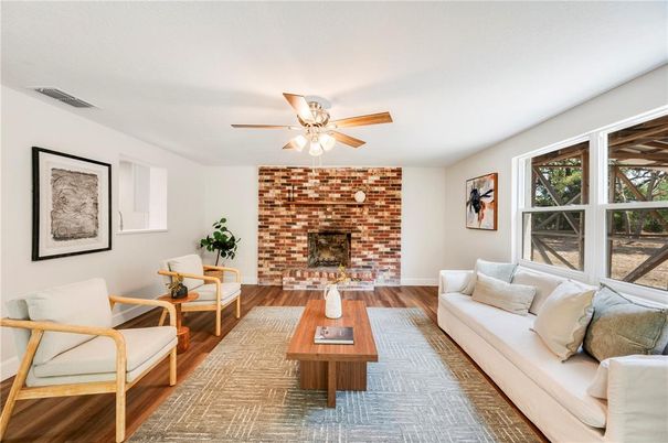 Fireplace, Interior, Living room, Stone Walls, Wood Texture Flooring