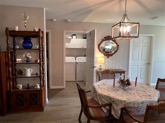 Dining room, Interior, Pendant Lights, Washer, Wood Texture Flooring