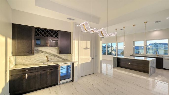 Interior, Kitchen, Pendant Lights, Recessed Lighting, Wood Texture Flooring