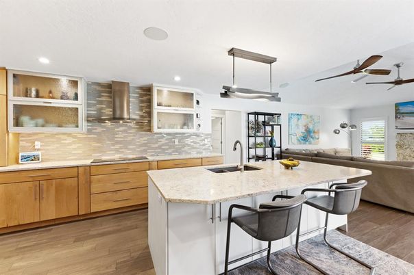 Interior, Kitchen, Pendant Lights, Recessed Lighting, Wood Texture Flooring