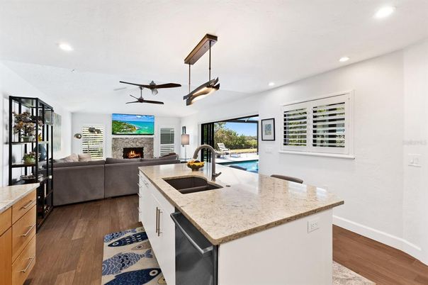 Fireplace, Interior, Kitchen, Living room, Pendant Lights, Recessed Lighting, Wood Texture Flooring