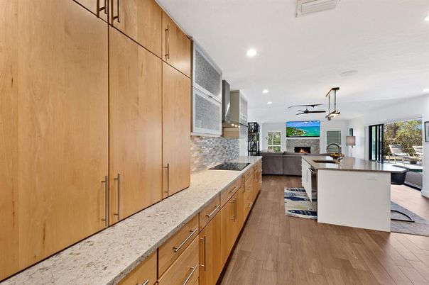 Dining room, Fireplace, Interior, Kitchen, Living room, Pendant Lights, Recessed Lighting, Wood Texture Flooring