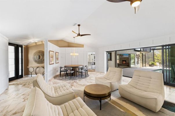 Dining room, Fireplace, Interior, Living room, Marble, Pendant Lights