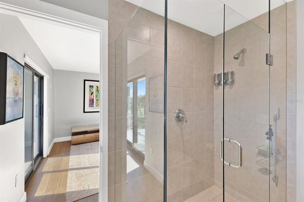 Bathroom, Glass Shower, Interior, Wood Texture Flooring