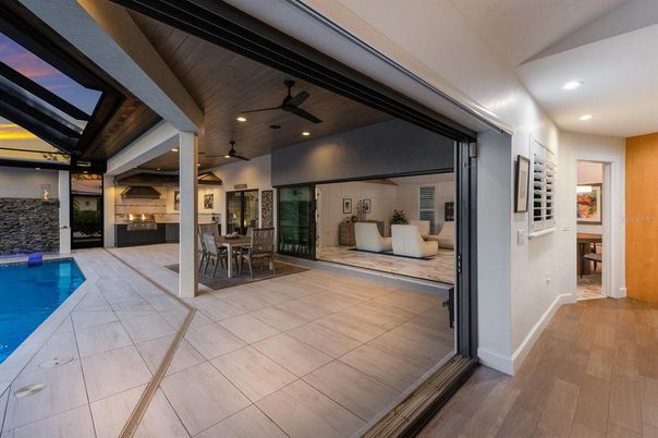 Dining room, Interior, Pool, Recessed Lighting, Wood Texture Flooring