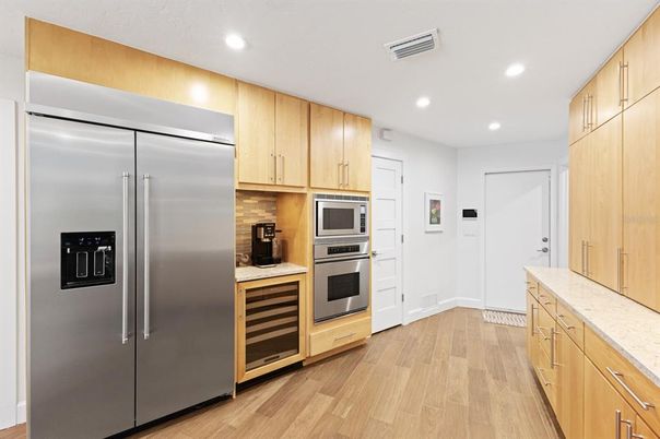 Interior, Kitchen, Recessed Lighting, Stainless Steel Appliances, Wood Texture Flooring