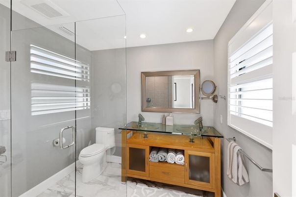 Bathroom, Glass Shower, Interior, Marble, Recessed Lighting