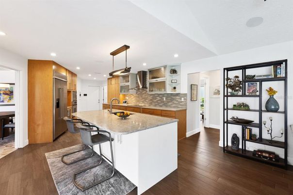 Interior, Kitchen, Pendant Lights, Recessed Lighting, Wood Texture Flooring