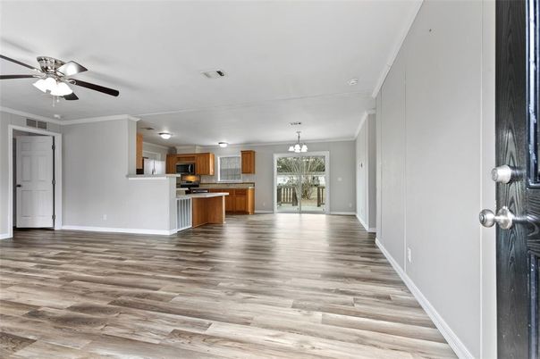 Interior, Kitchen, Pendant Lights, Stainless Steel Appliances, Wood Texture Flooring