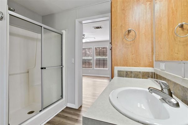 Bathroom, Glass Shower, Interior, Wood Texture Flooring