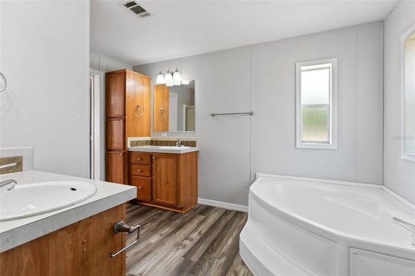 Bathroom, Dual Sink Vanities, Interior, Wood Texture Flooring