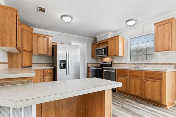 Interior, Kitchen, Stainless Steel Appliances, Wood Texture Flooring