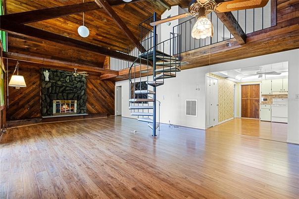 Fireplace, Interior, Pendant Lights, Wooden Beams, Wooden Ceilings, Wood Texture Flooring, Wooden Walls