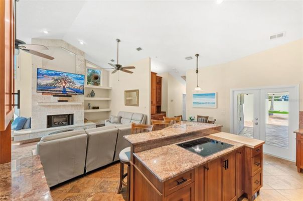 Dining room, Fireplace, Interior, Kitchen, Living room, Pendant Lights, Recessed Lighting