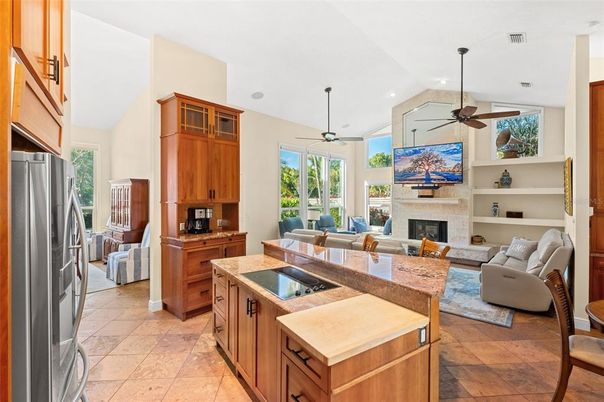 Fireplace, Interior, Kitchen, Living room, Recessed Lighting