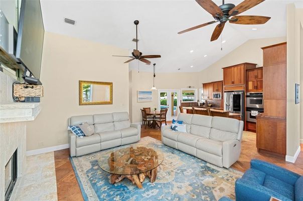 Dining room, Fireplace, Interior, Kitchen, Living room, Pendant Lights, Recessed Lighting, Stainless Steel Appliances