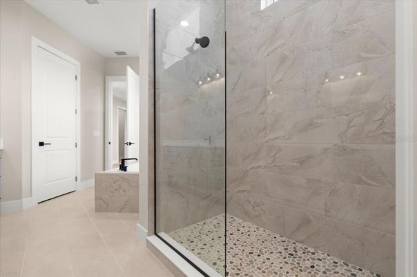 Bathroom, Glass Shower, Interior, Marble Walls, Recessed Lighting