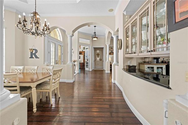 Chandelier, Dining room, Interior, Pendant Lights, Wood Texture Flooring
