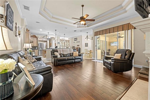 Dining room, Interior, Kitchen, Living room, Pendant Lights, Recessed Lighting, Stainless Steel Appliances, Wood Texture Flooring