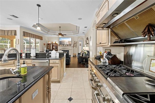 Fireplace, Interior, Kitchen, Living room, Pendant Lights, Recessed Lighting, Stainless Steel Appliances, Wood Texture Flooring
