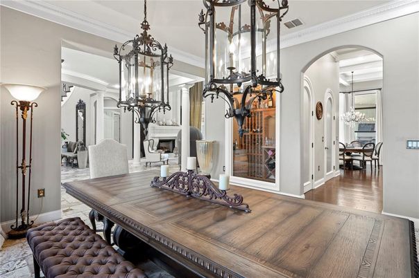 Chandelier, Dining room, Fireplace, Interior, Pendant Lights, Wood Texture Flooring