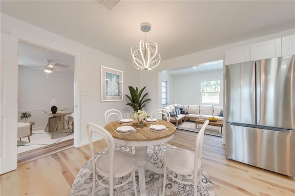Dining room, Interior, Kitchen, Living room, Pendant Lights, Recessed Lighting, Stainless Steel Appliances, Wood Texture Flooring