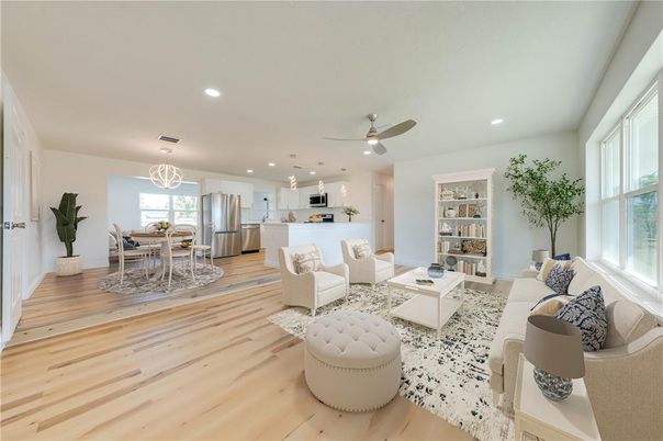 Dining room, Interior, Kitchen, Living room, Pendant Lights, Recessed Lighting, Stainless Steel Appliances, Wood Texture Flooring