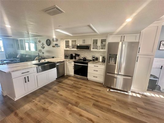 Interior, Kitchen, Recessed Lighting, Stainless Steel Appliances, Wood Texture Flooring