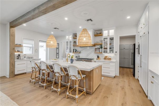 Interior, Kitchen, Marble Walls, Recessed Lighting, Wooden Beams, Wood Texture Flooring