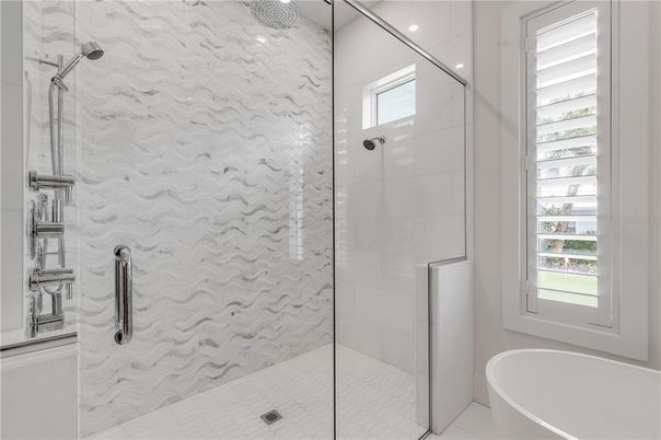 Bathroom, Glass Shower, Interior, Marble Walls, Recessed Lighting