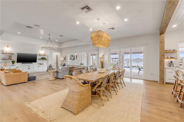 Chandelier, Dining room, Interior, Living room, Recessed Lighting, Wood Texture Flooring