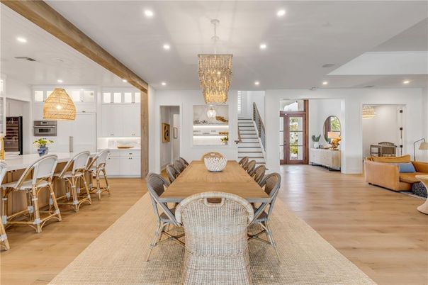 Chandelier, Dining room, Interior, Kitchen, Recessed Lighting, Stainless Steel Appliances, Wooden Beams, Wood Texture Flooring