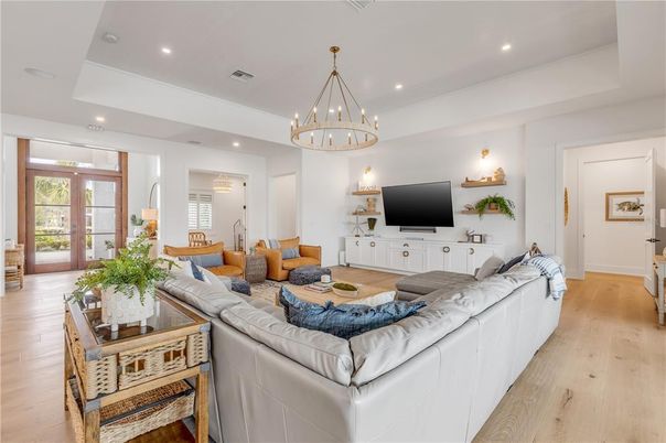Chandelier, Interior, Living room, Recessed Lighting, Wood Texture Flooring