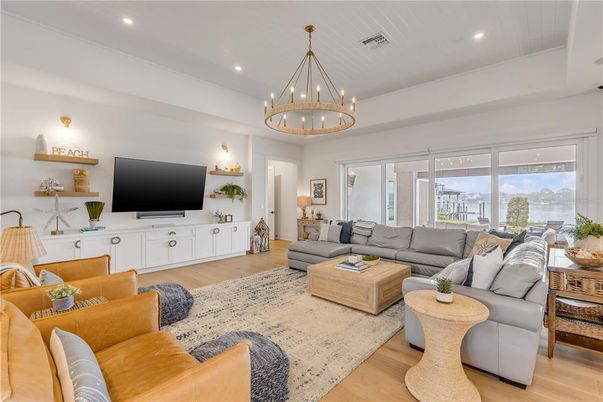 Chandelier, Interior, Living room, Recessed Lighting, Wood Texture Flooring