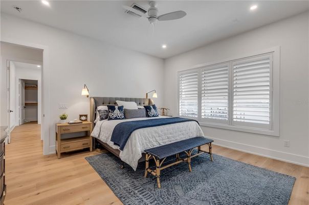 Bedroom, Interior, Recessed Lighting, Wood Texture Flooring