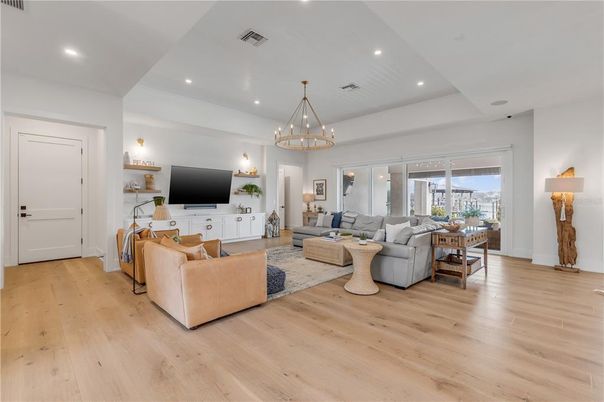 Chandelier, Interior, Living room, Recessed Lighting, Wood Texture Flooring
