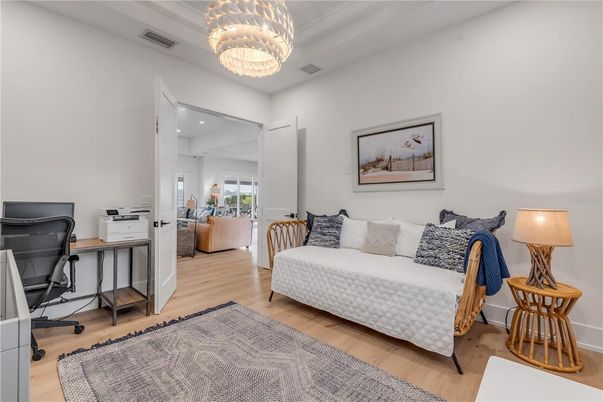 Chandelier, Home Office, Interior, Wood Texture Flooring