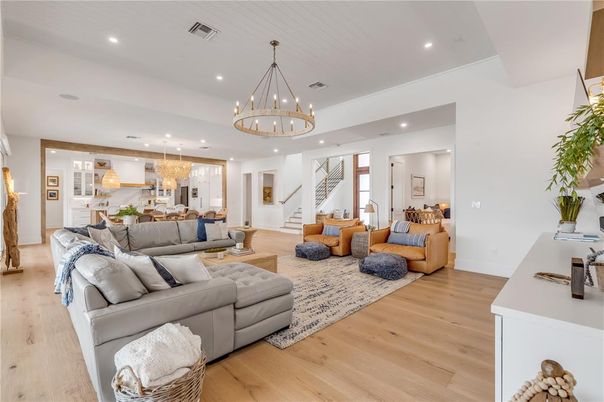 Chandelier, Dining room, Interior, Kitchen, Living room, Pendant Lights, Recessed Lighting, Wood Texture Flooring